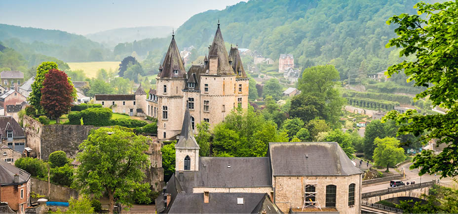 Durbuy, Walloon city in the Belgian province of Luxembourg. Beautiful medieval castle in the city centre. 