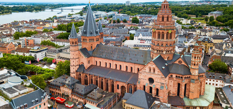 Mainz Cathedral aerial panoramic view, located at the market square of Mainz city in Germany