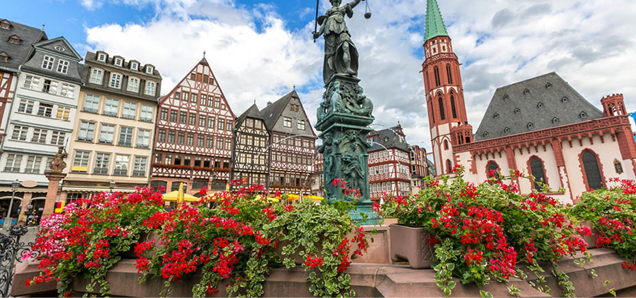 Frankfurt old town with the Justitia statue. Germany