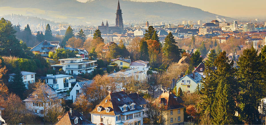 Beautiful panorama of Freiburg im Breisgau in Germany
