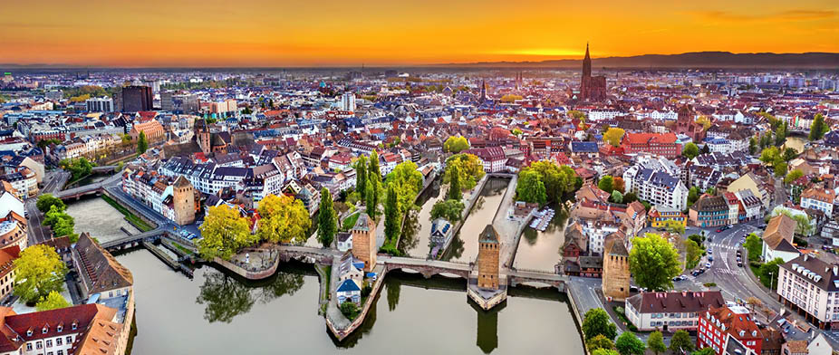Ponts Couverts Bridges and historic quarter Petite France in Strasbourg at sunrise