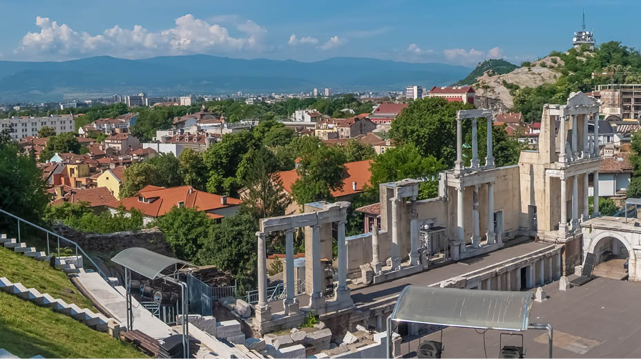 The ruins of the Roman theatre of Plovdiv, Bulgaria. One of the world's best-preserved ancient theatres, constructed in the 1st century under Emperor Domitian