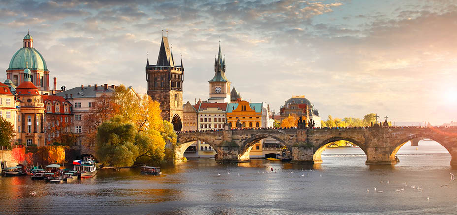 Panoramic view of Vltava river and Charles bridge in Prague, capital of the Czech republic