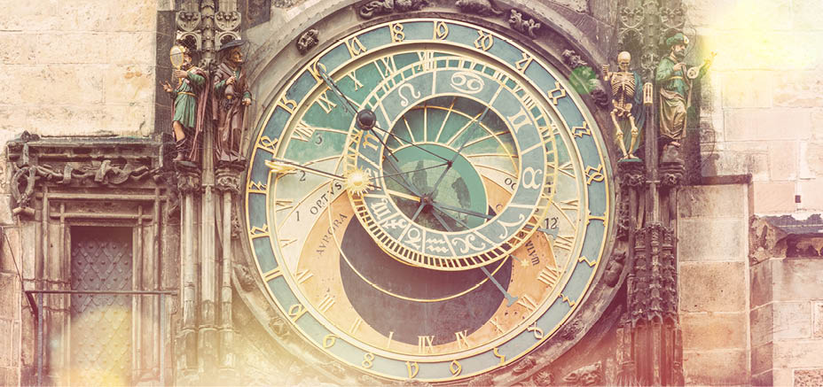 Prague Astronomical Clock (Orloj) in the Old Town Square in Prague, Czech Republic, Europe. Famous Landmarks in Praha. Vintage style toned