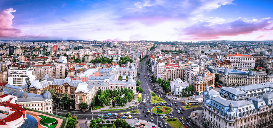 180 Degrees aerial panorama of the capital city of Romania, Bucharest. Blue sky above the center of the city.