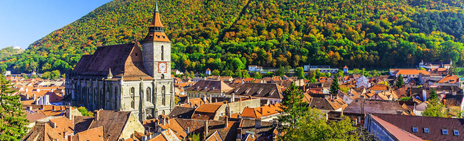 Brasov, Transylvania. Romania. Panoramic view of the old town center and Tampa mountain.