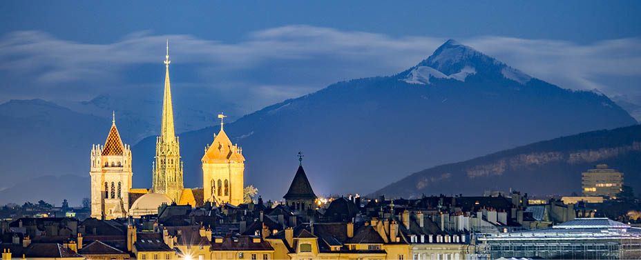 Downtown Geneva, beneath snowy mountains, Geneva
