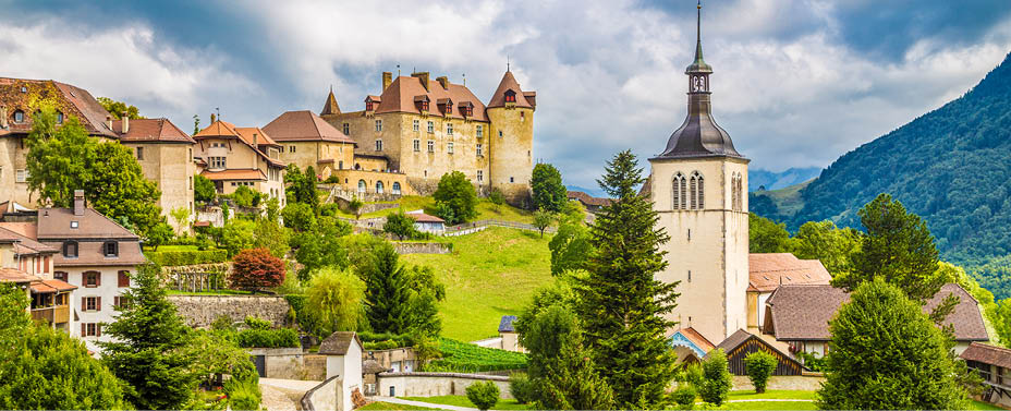 Beautiful view of the medieval town of Gruyeres, home to the world-famous Le Gruyere cheese, canton of Fribourg, Switzerland