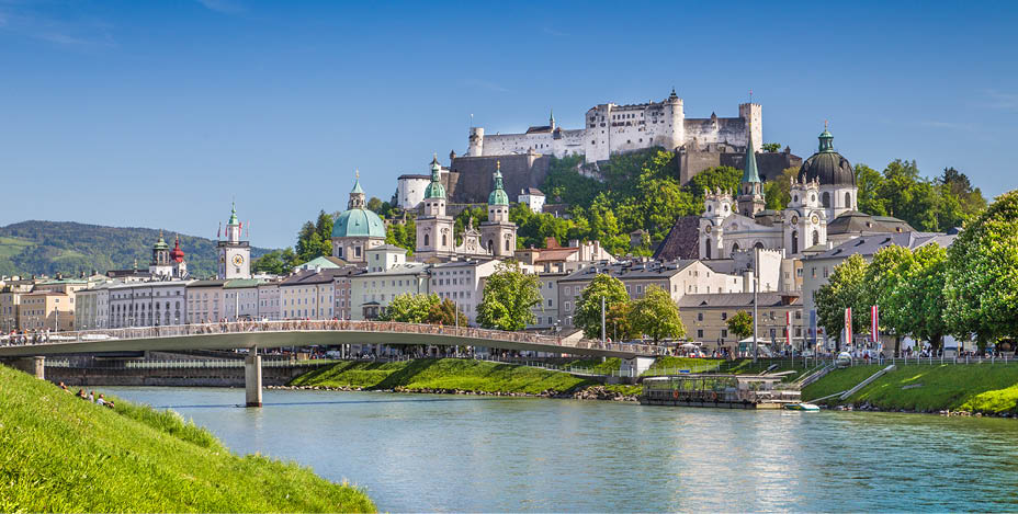 Beautiful view of Salzburg skyline with Festung Hohensalzburg and Salzach river in summer, Salzburg, Salzburger Land, Austria