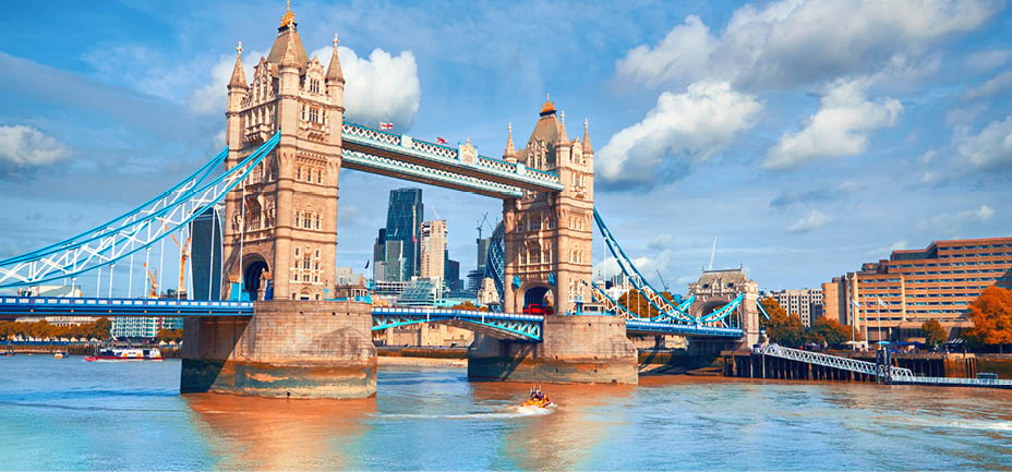 Tower Bridge on a bright sunny day in Autumn. Location - London, England, UK.