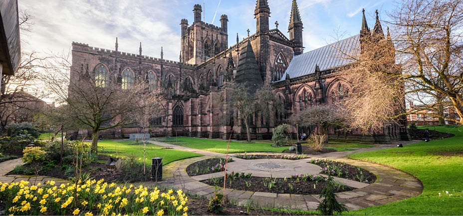 Spring flower blooming in the garden of Chester cathedral , Chester city, England.