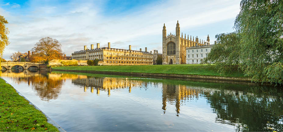 Kings college and cam river viewed in the morning in Cambridge, England 