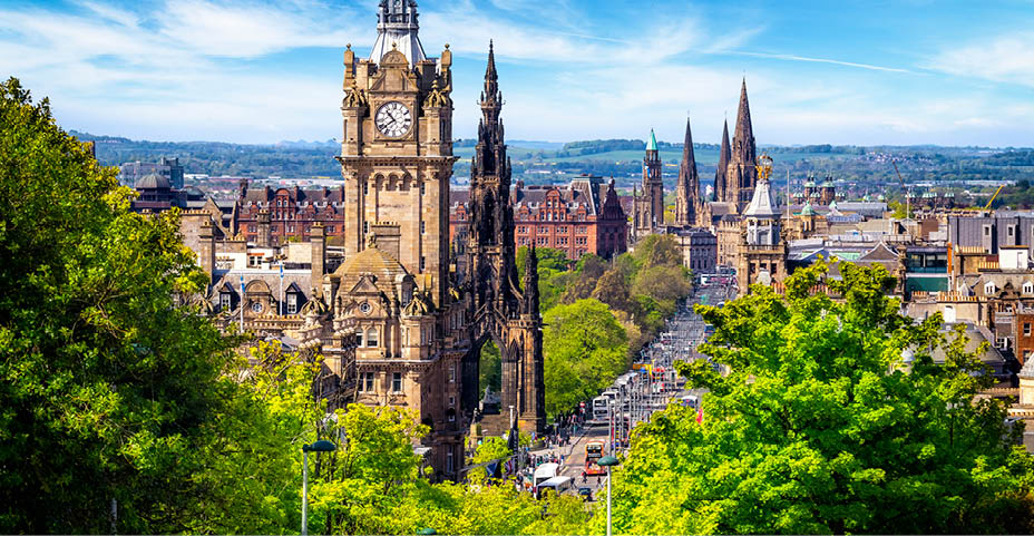 View from the Calton Hill on Princes Street in Edinburgh, Scotland, UK