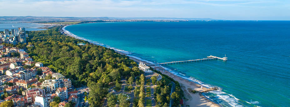 Wide aerial drone view over the sea garden in Burgas, Bulgaria. The scene is situated outdoors near sunset in Burgas, Bulgaria on the Black Sea shores. The photo is taken with DJI Phantom 4 Pro drone.