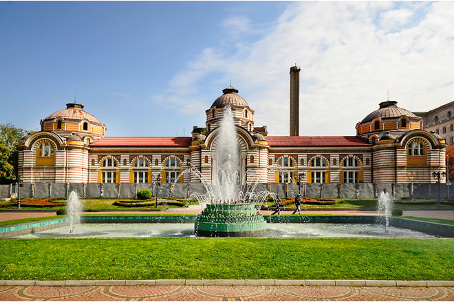 Sofia, Bulgaria, park with fountain in front of the Sofia Public Mineral Bath
