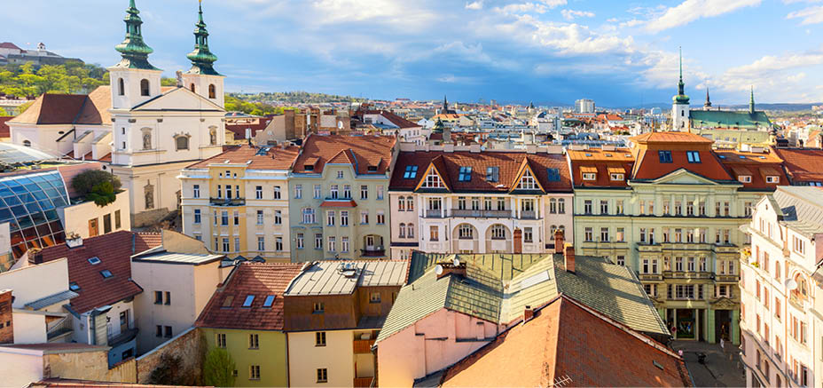 Aerial view of the old town of Brno during summer sunny day, Czech Republic. Brno is the capital of Moravia region
