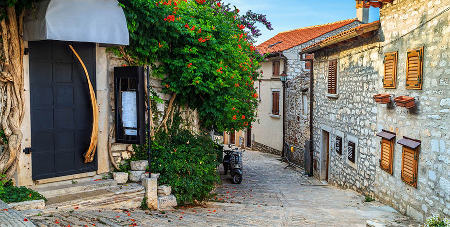 Spectacular stone paved street and restaurant entrance with colorful mediterranean flowers, Rovinj old town,Istria region,Croatia,Europe