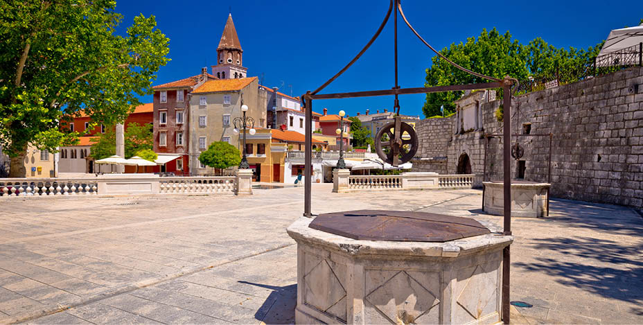 Zadar Five wells square and historic architecture view, Dalmatia, Croatia