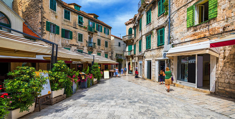 Street in Split historical center, Croatia. Beautiful square of the old town of Split in Croatia. Old stone street of Split historic city, Dalmatia, Croatia