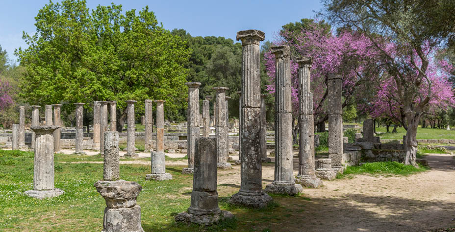 Ruins of Ancient Olympia, a sanctuary in Elis on the Peloponnese peninsula, Greece