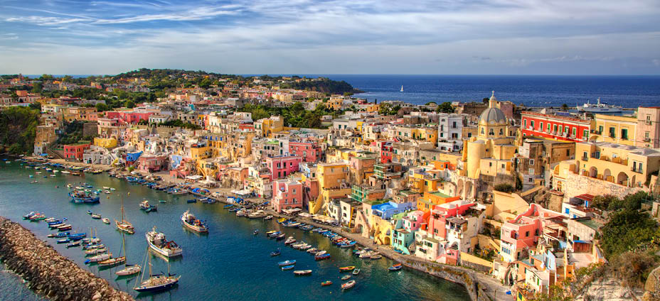 Harbor and ciry of Corricella, Island of Procida, Bay of Naples, Italy