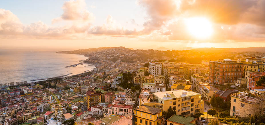 View of the houses and buildings in Naples, Italy during sunset