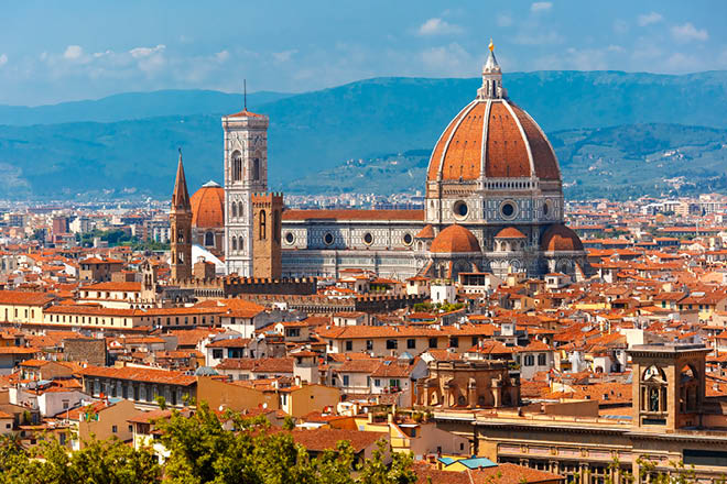 Duomo Santa Maria Del Fiore and Bargello in the morning from Piazzale Michelangelo in Florence, Tuscany, Italy