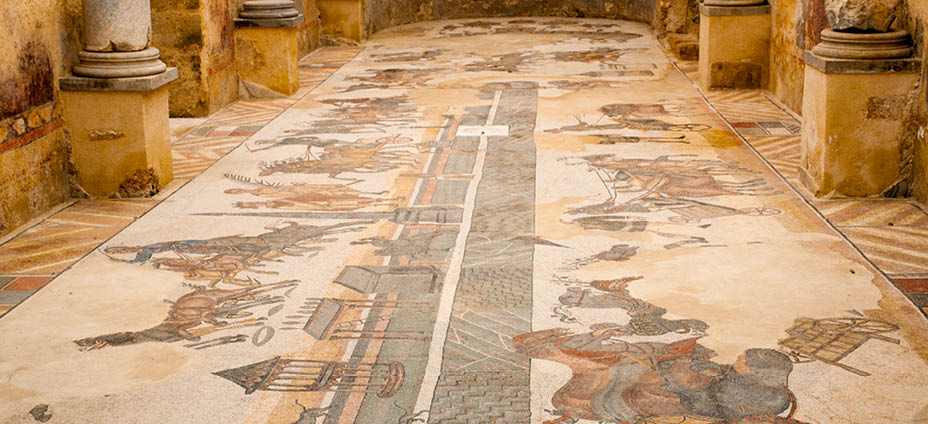 Mosaics of the roman Villa del Casale in Piazza Armerina depicting the daily life and customs of the ancient Romans