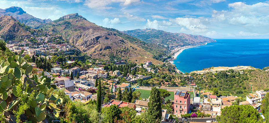 Panoramic aerial view of Taormina in Sicily, Italy in a beautiful summer day