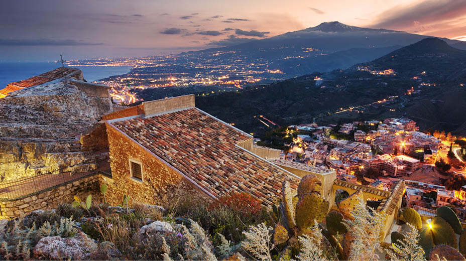 Sicily, aerial view of Etna volcano from Taormina