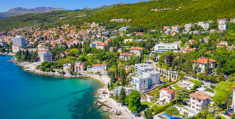 Croatia, Adriatic coast, beautiful town of Opatija and Volosko, popular tourist resort, coastline aerial view, Kvarner bay