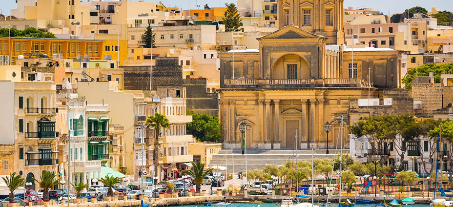 many little yachts and boats from plan wiev to the bay near Valletta in Malta